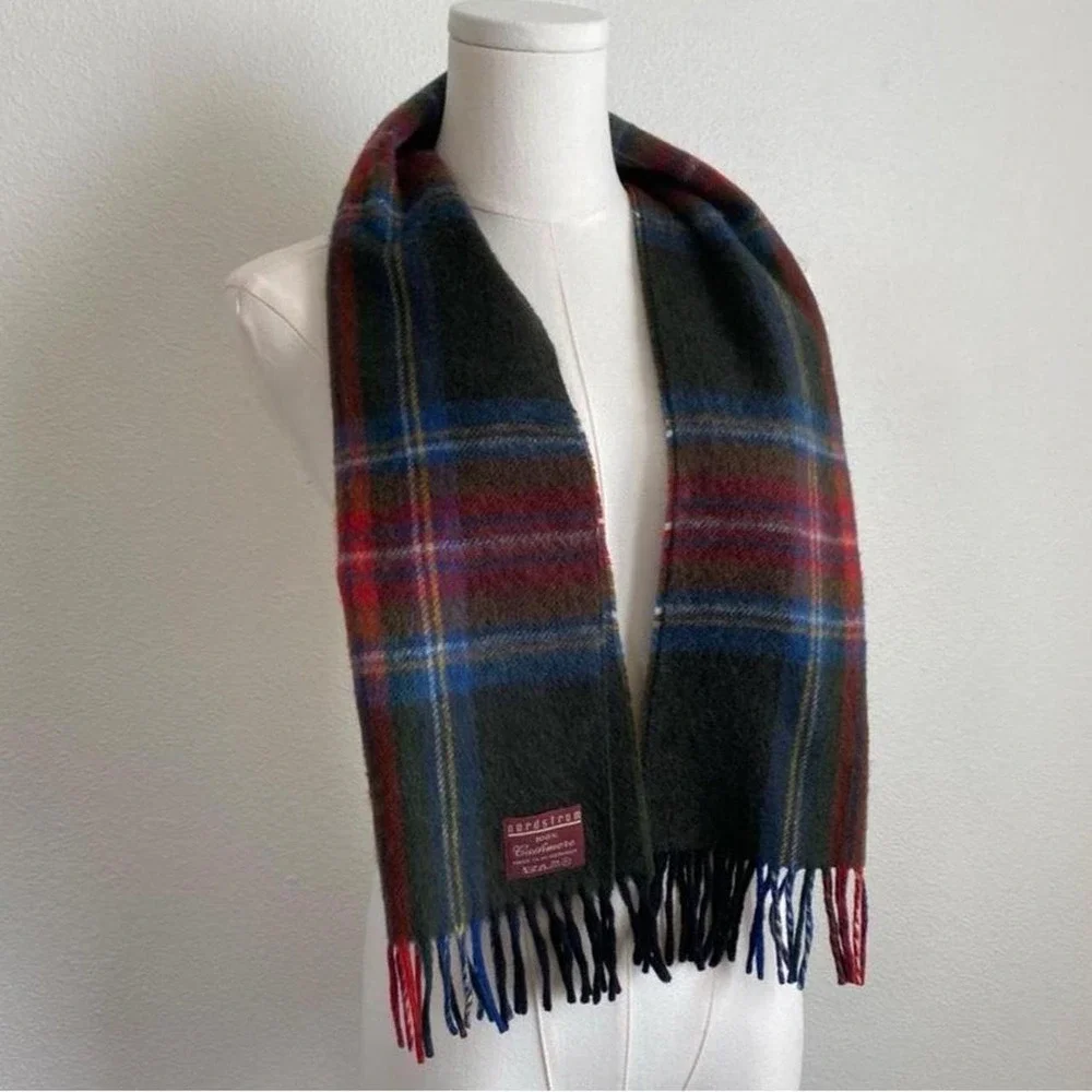 Vintage Nordstrom Cashmere Green and Red Fringe Plaid Scarf Made in Germany